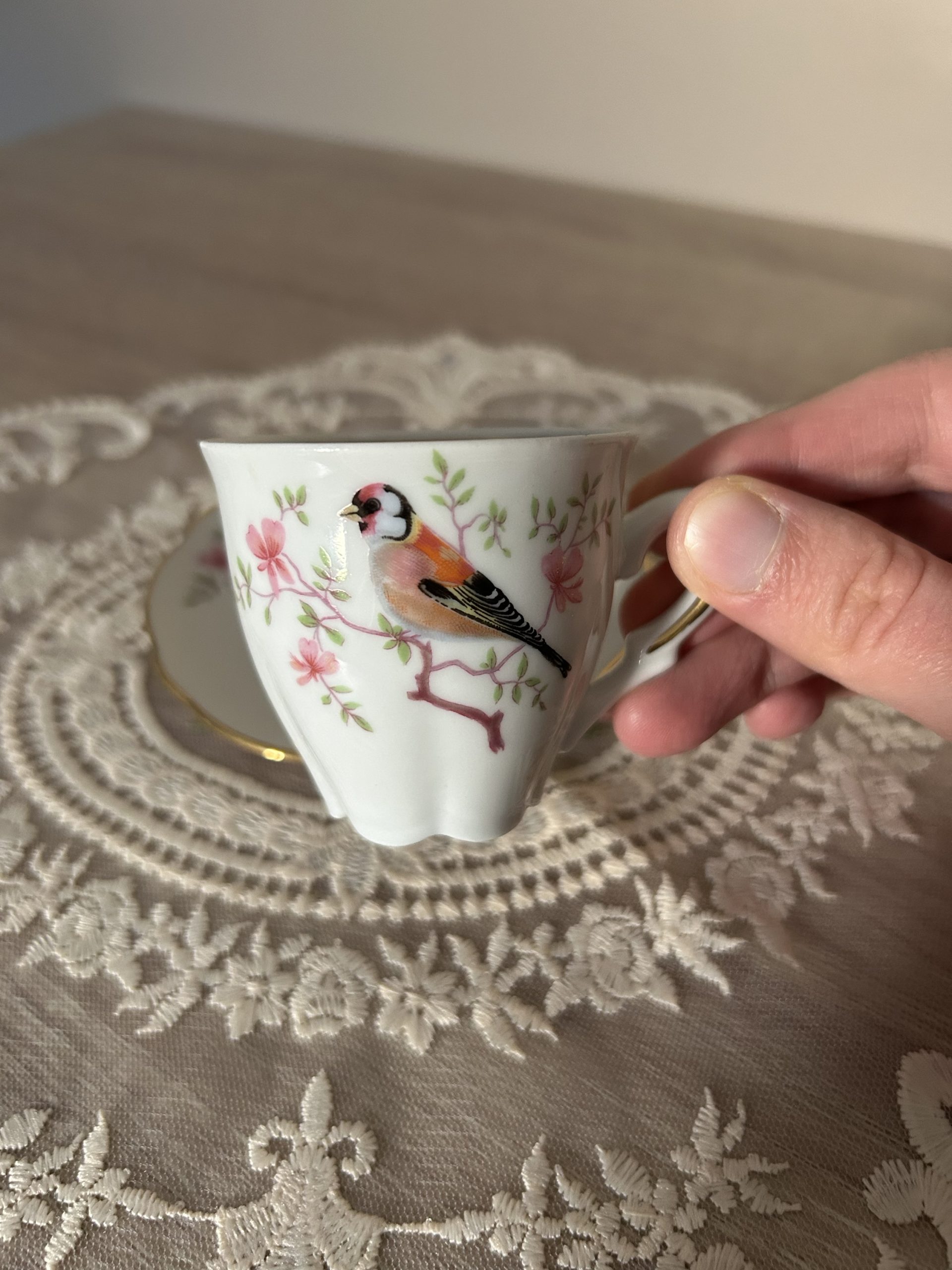 img_9680 lot de tasses et sous tasses à motif d’oiseau en porcelaine